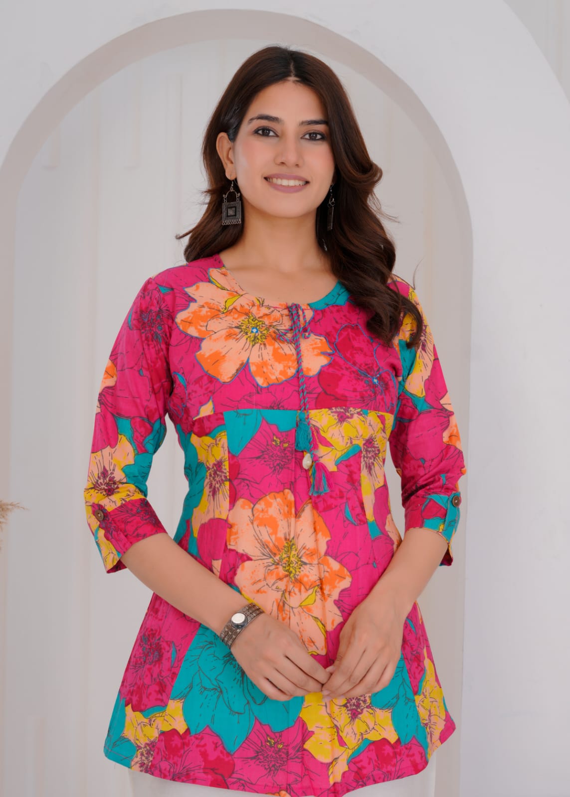Women's Bright Floral Printed Cotton Co-ord Set (Top & Pants) - Naticraft