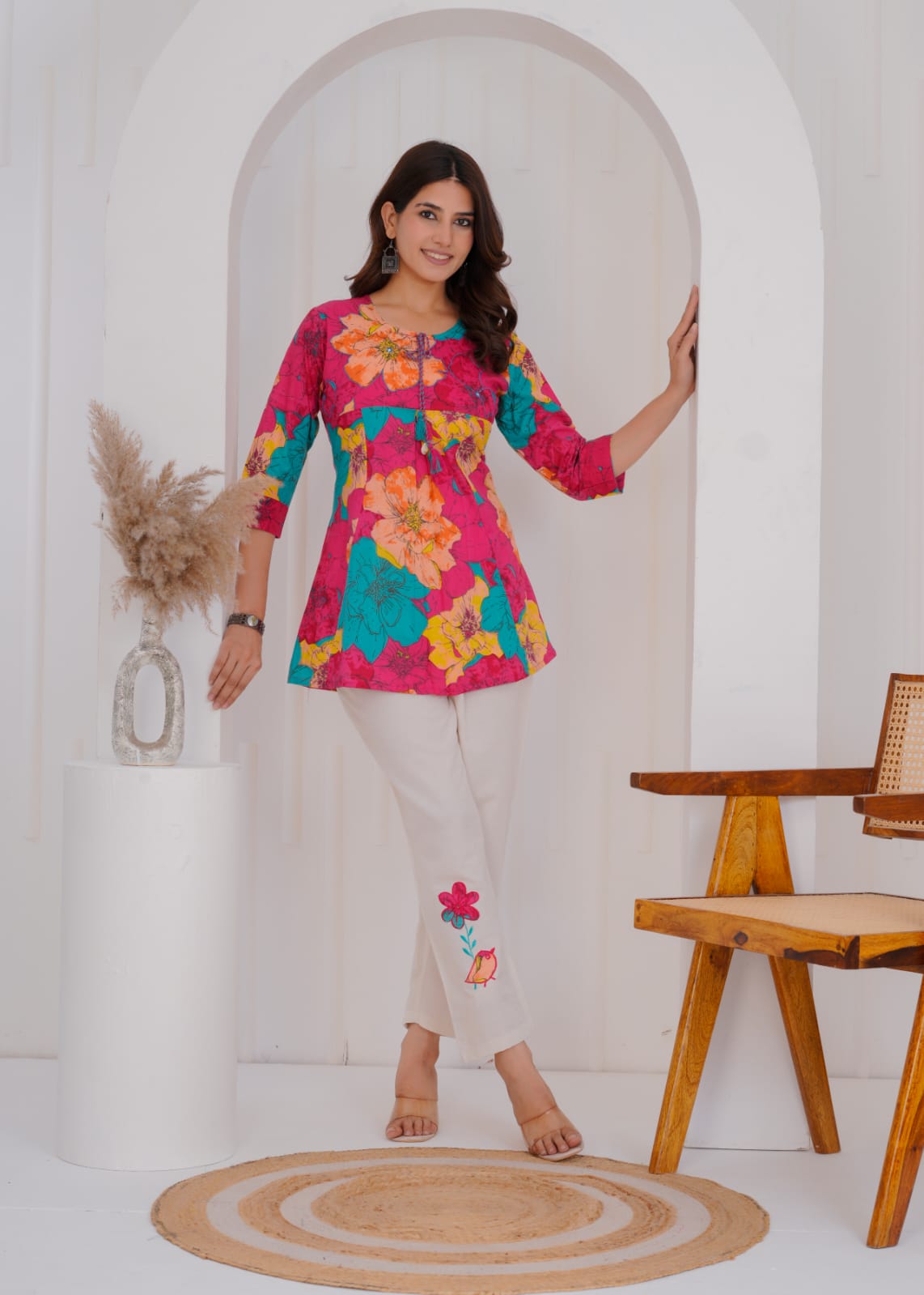 Women's Bright Floral Printed Cotton Co-ord Set (Top & Pants) - Naticraft