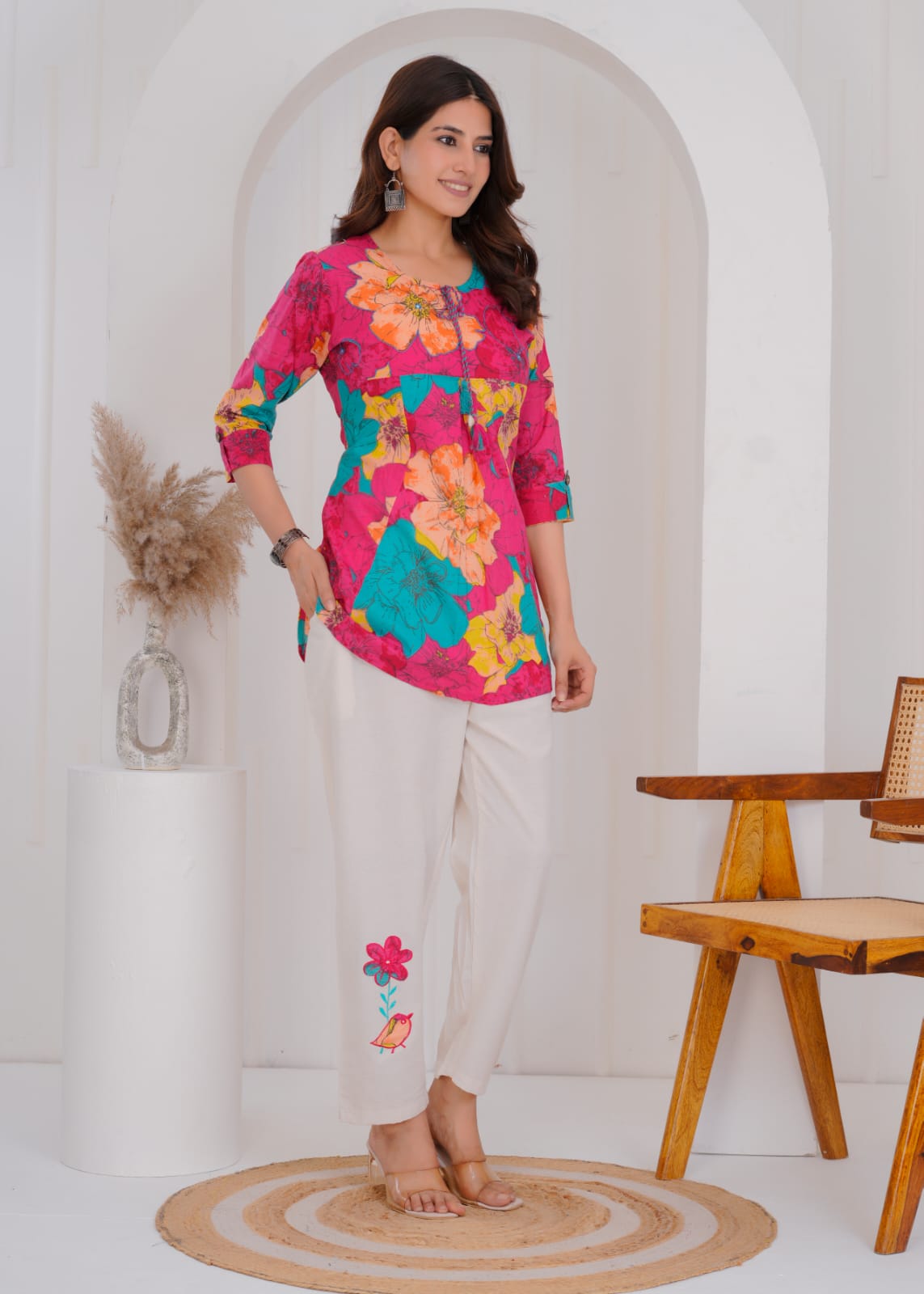 Women's Bright Floral Printed Cotton Co-ord Set (Top & Pants) - Naticraft