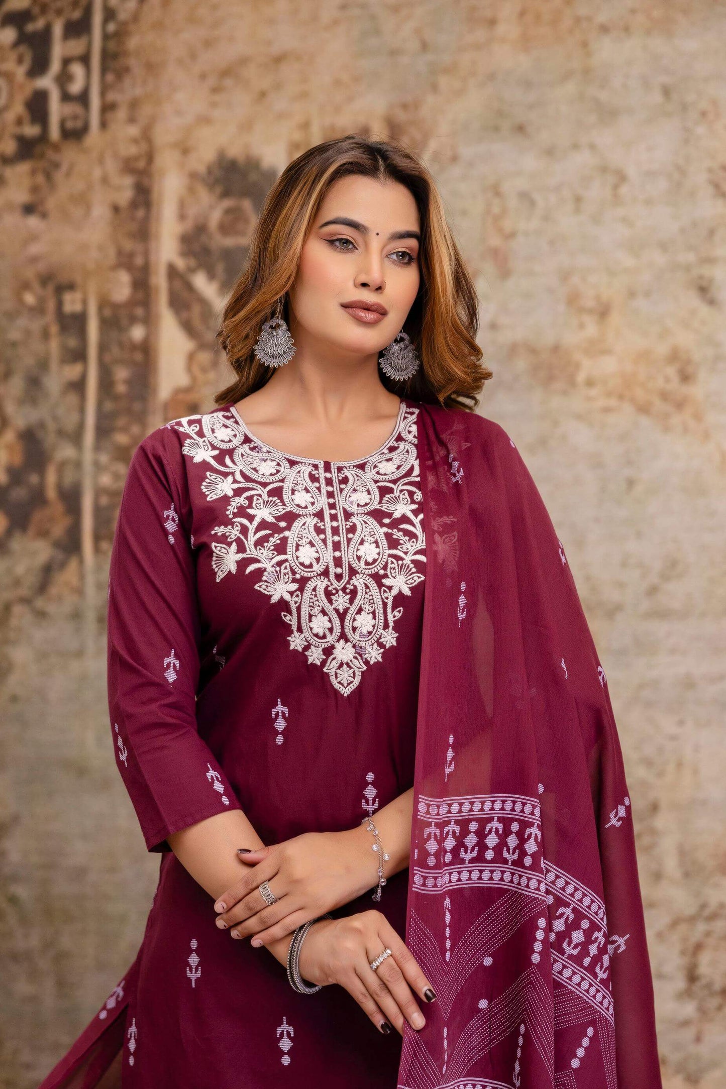 Elegant Embroidered Kurta Set with Printed Pants & Dupatta - Naticraft