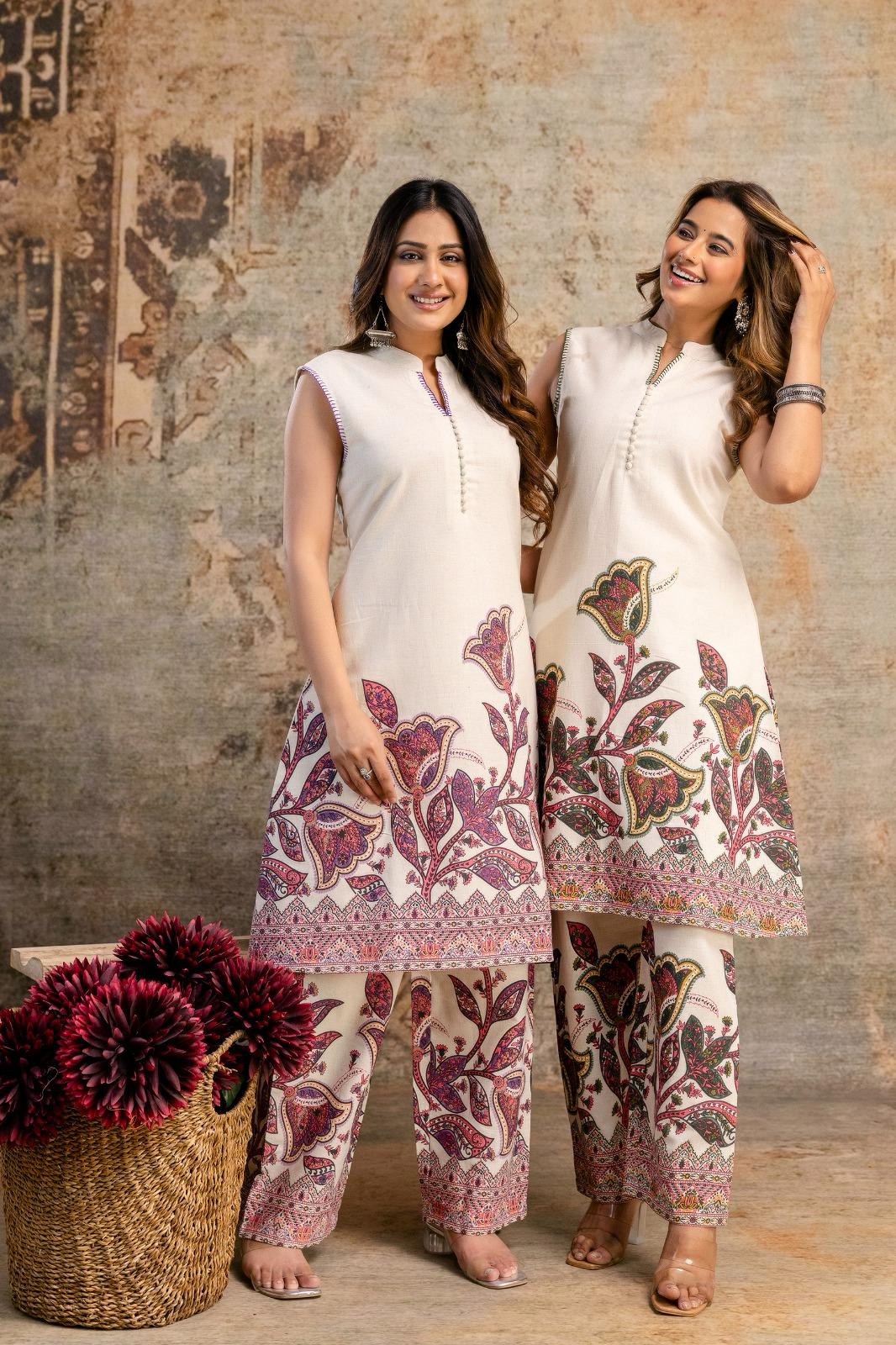 Floral Printed Co-ord Set - Sleeveless Kurta and Straight Pants - Naticraft