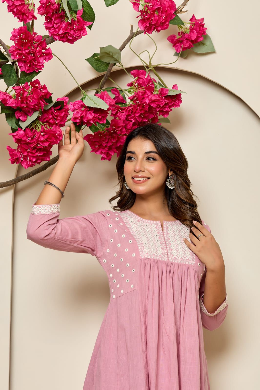 Elegant Hand-Embroidered Cotton A-Line Kurta 2 piece Set with Scalloped Palazzo – Pink and Peach - Naticraft
