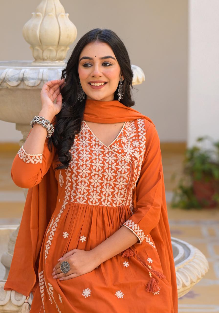 Orange Embroidered Cotton Kurta Set with White Floral Detailing - Naticraft