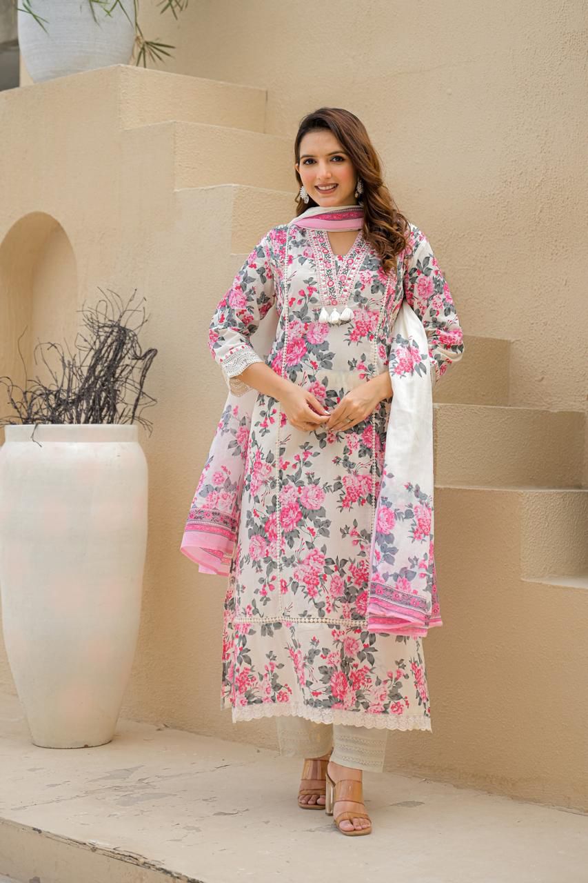 Elegant Pastel Pink Floral Printed Cotton Kurta Set with Dupatta - Naticraft