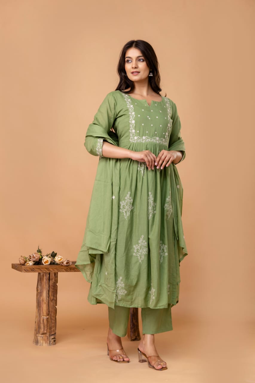 Elysian Embroidered Cotton Kurta Set with Dupatta – Blue, Green & Rust - Naticraft
