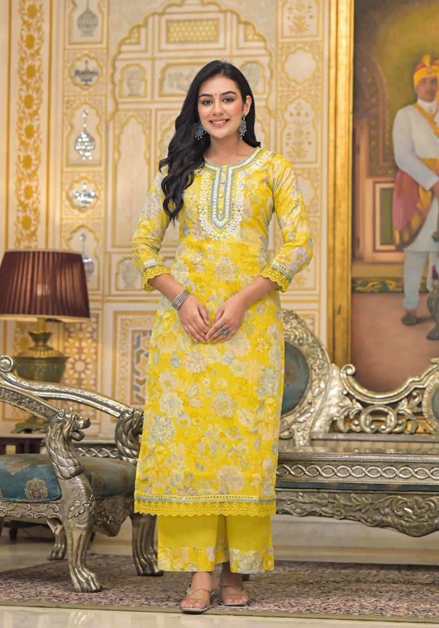 Sunshine Bloom Yellow Floral Embroidered Cotton Kurta Set with Dupatta - Naticraft