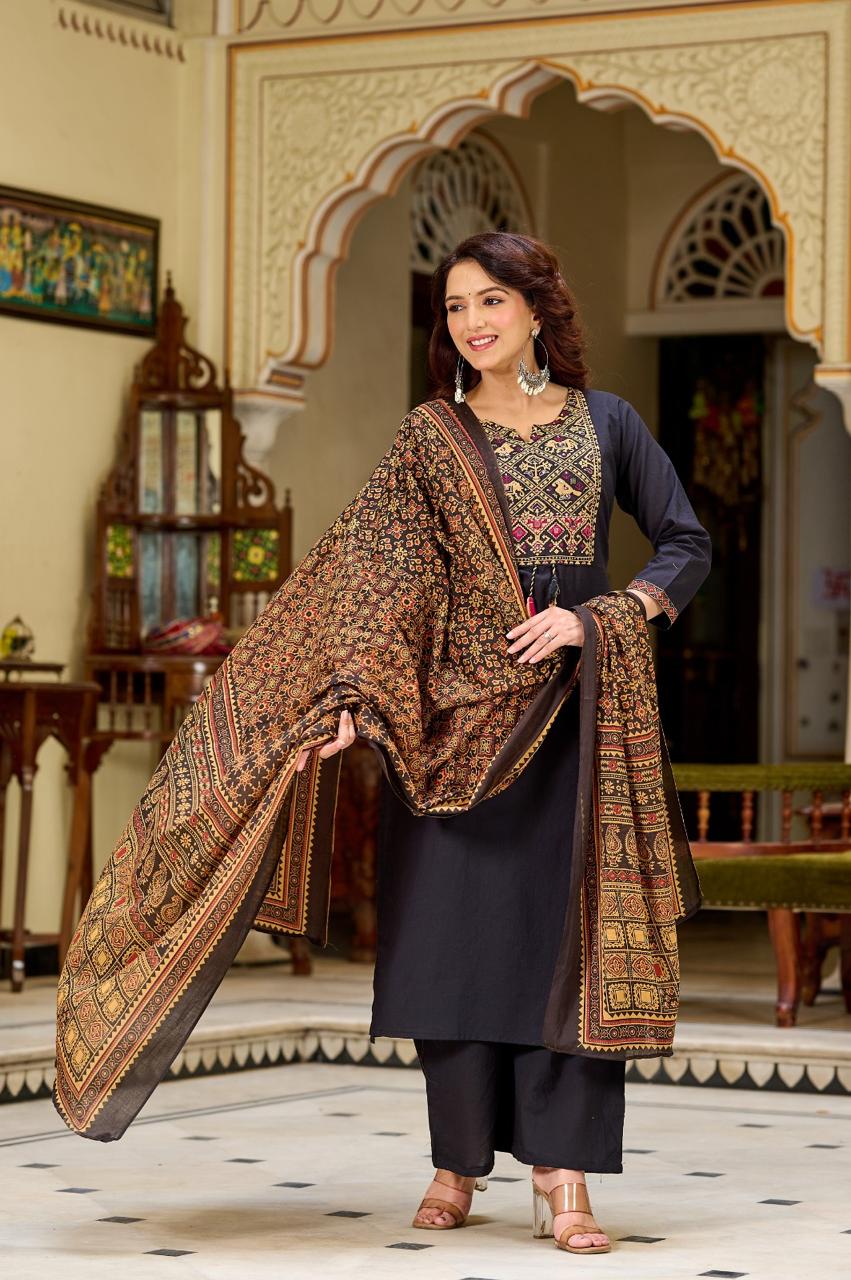 Ajrakh Embroidered Pure-Cotton Kurta Set with Palazzo & Dupatta - Naticraft
