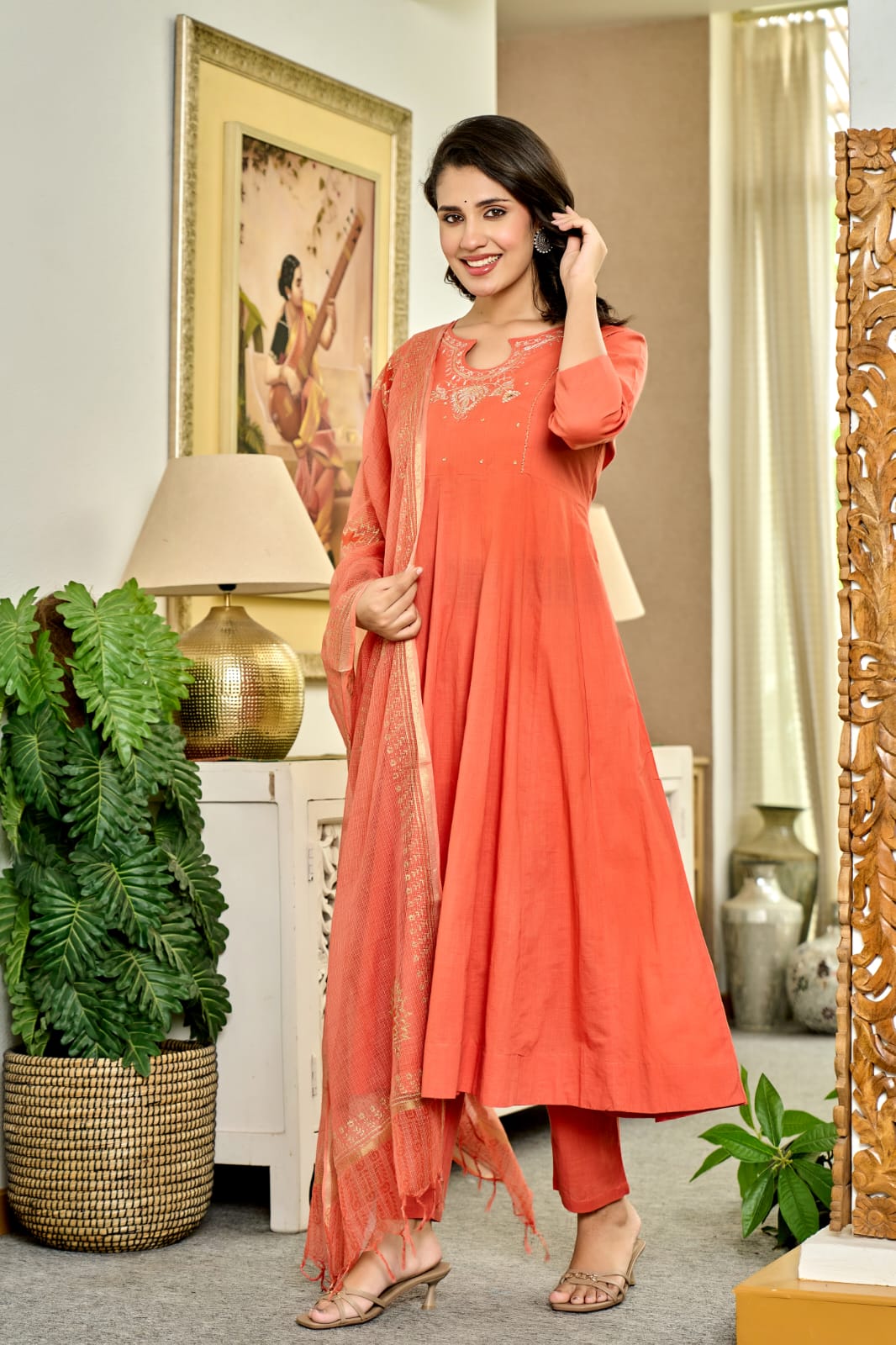 Coral Orange Flared Kurta Set with Hand Zari Work Neckline & Dupatta – 3 Piece Ethnic Set - Naticraft