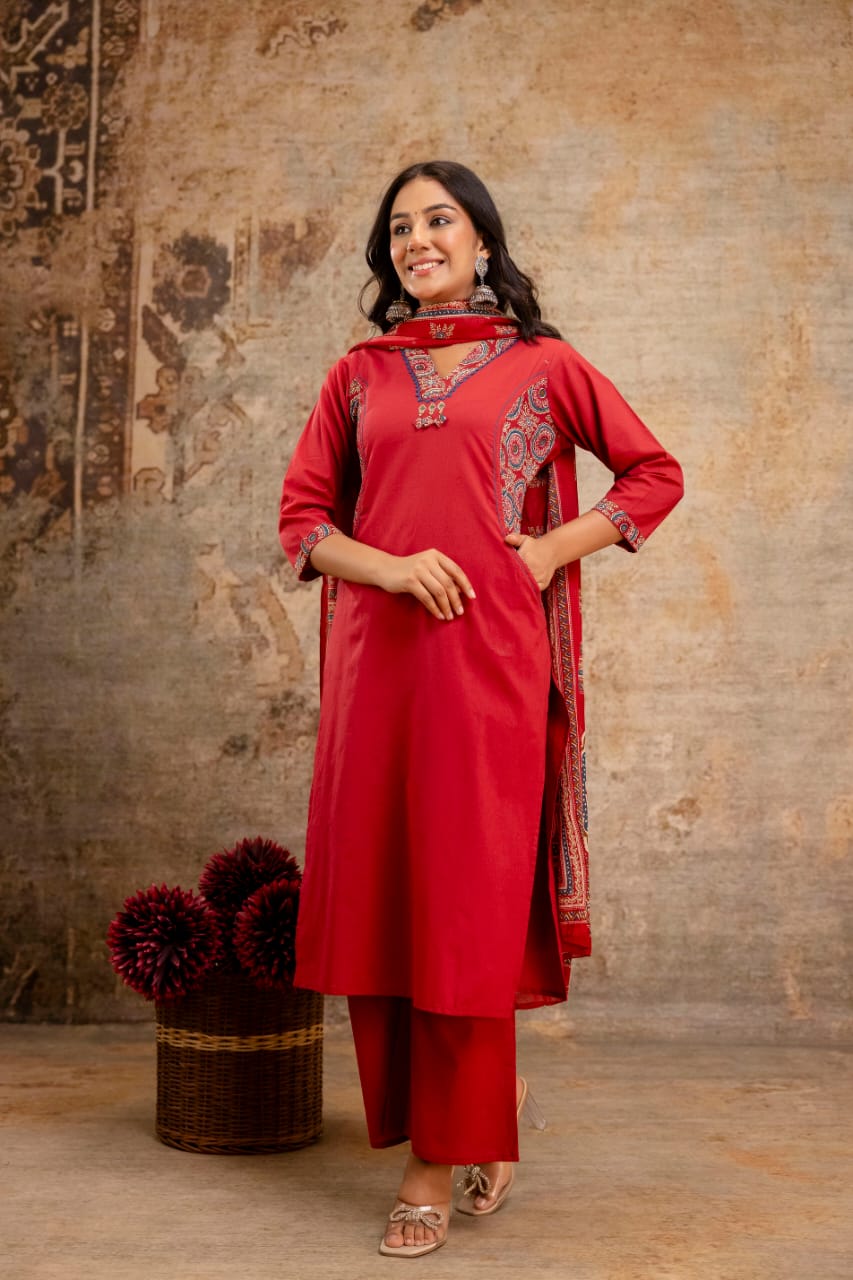 Embroidered Cotton Suit Set with Palazzo & Printed Dupatta - Naticraft