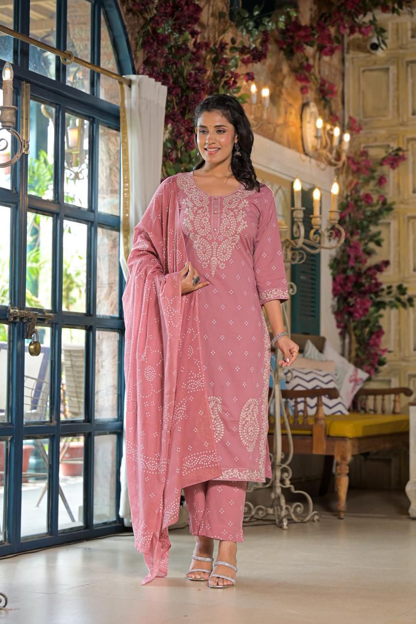 Embroidered Cotton Straight Kurta Set with Dupatta - Naticraft