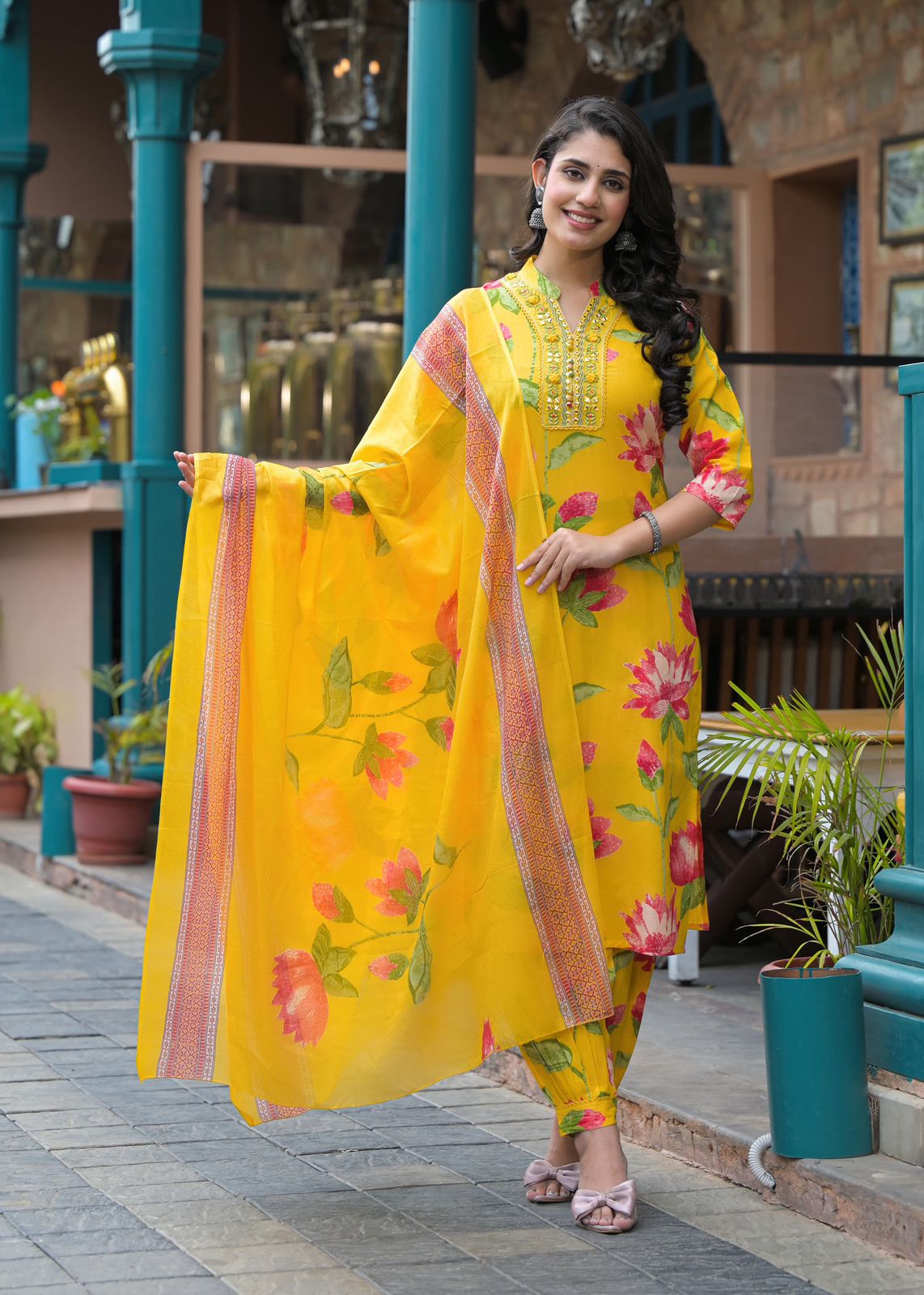 Blooming Lotus Printed Kurta Set with Dupatta - Naticraft