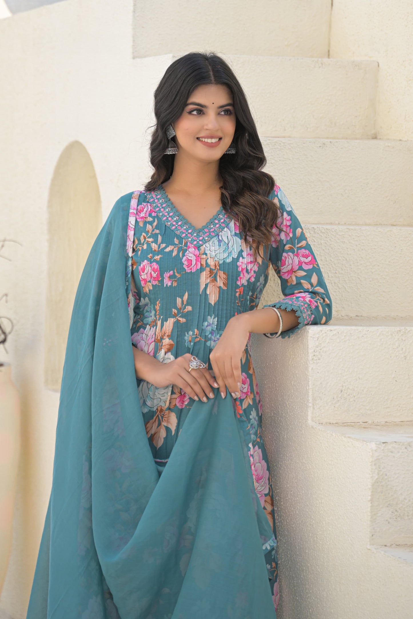 Teal Blue Floral Mirror Work Kurta Set with Dupatta – 3 Piece Elegant Ethnic Set - Naticraft