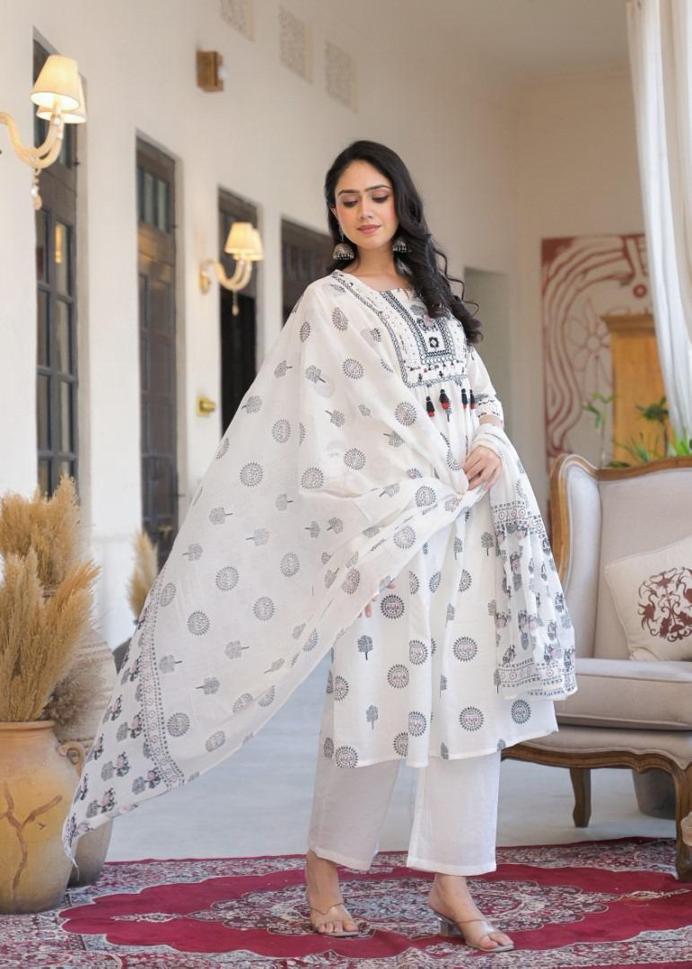 Ethnic White Printed Kurta Set - Kurta, Pants, and Dupatta - Naticraft
