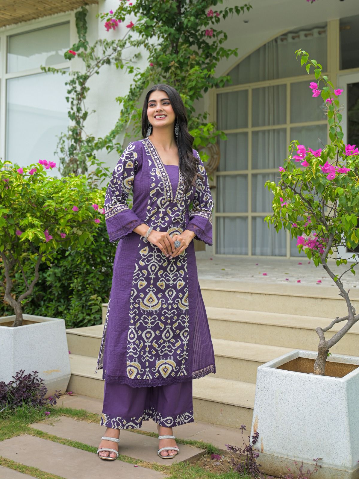 Ikat Elegance Mirror Embroidered Cotton Kurta Set – Teal & Plum - Naticraft