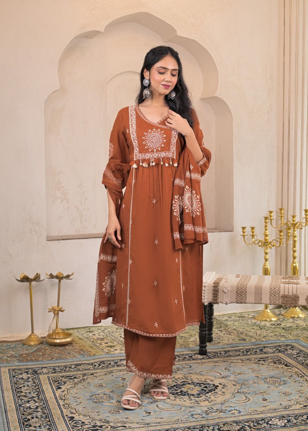 Rust Orange Cotton Embroidered Kurta Set with Dupatta & Tassel Detailing - Naticraft