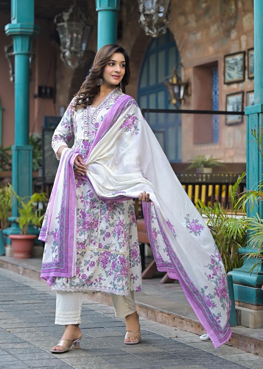 Floral Printed Kurta Set with Dupatta - Elegant Ethnic Ensemble - Naticraft