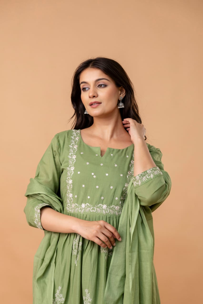 Elysian Embroidered Cotton Kurta Set with Dupatta – Blue, Green & Rust - Naticraft