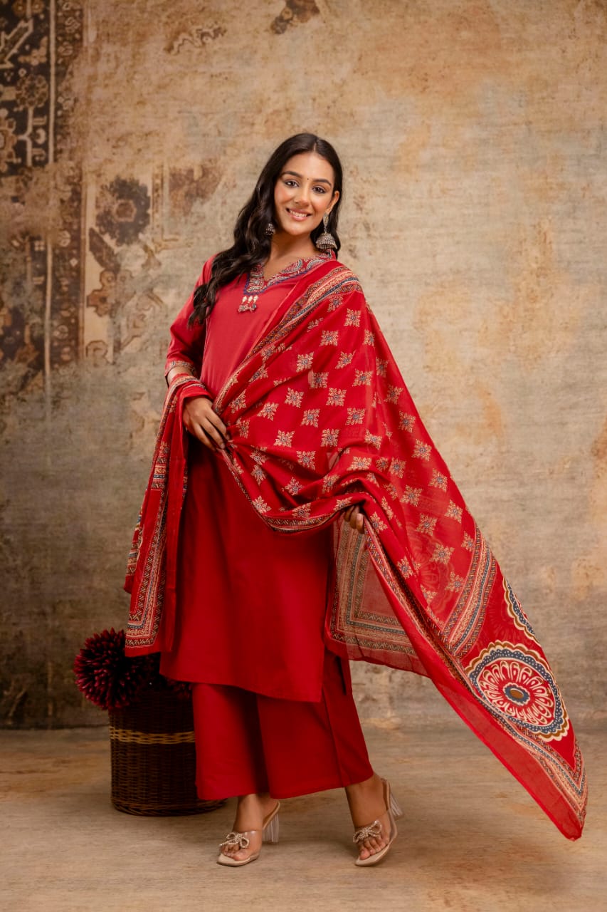 Embroidered Cotton Suit Set with Palazzo & Printed Dupatta - Naticraft