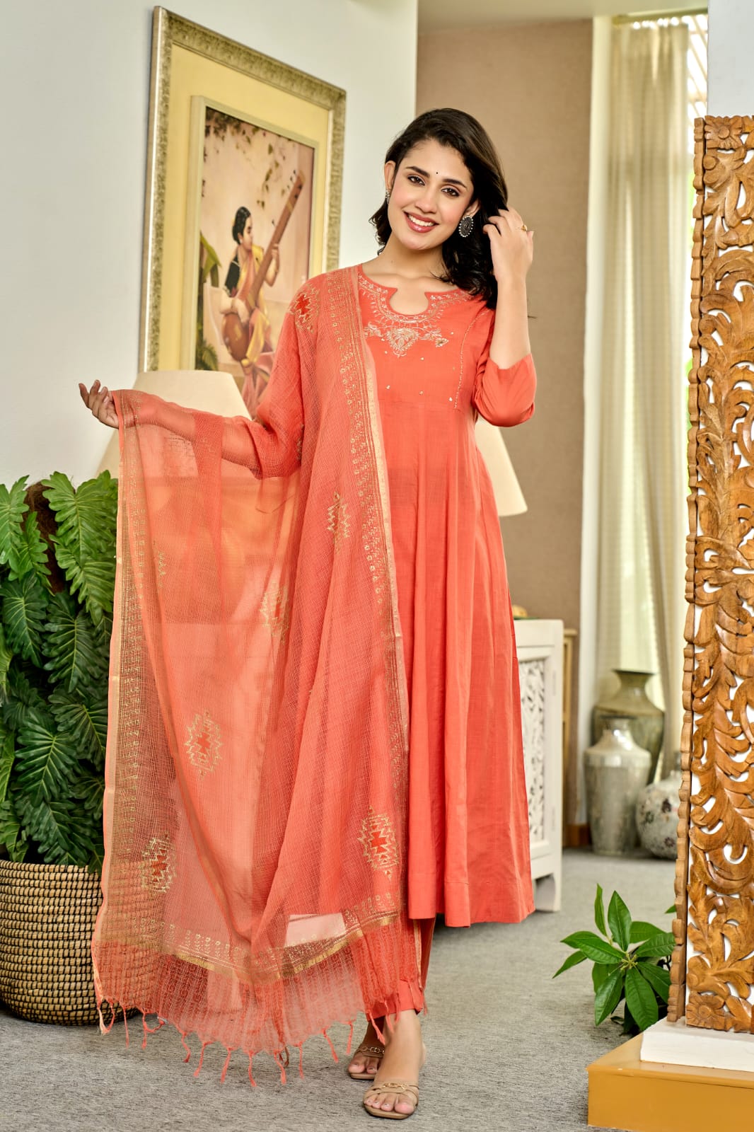 Coral Orange Flared Kurta Set with Hand Zari Work Neckline & Dupatta – 3 Piece Ethnic Set - Naticraft