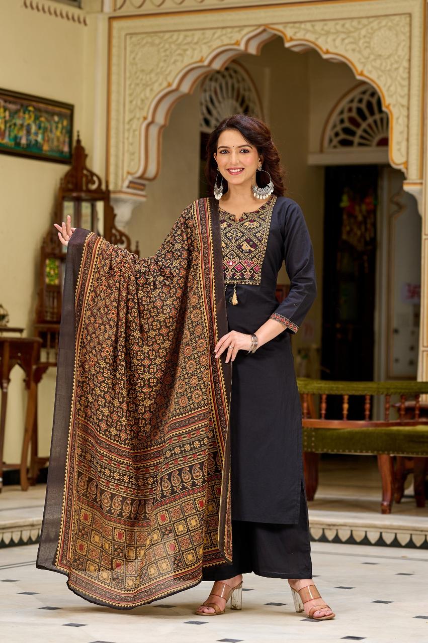 Ajrakh Embroidered Pure-Cotton Kurta Set with Palazzo & Dupatta - Naticraft