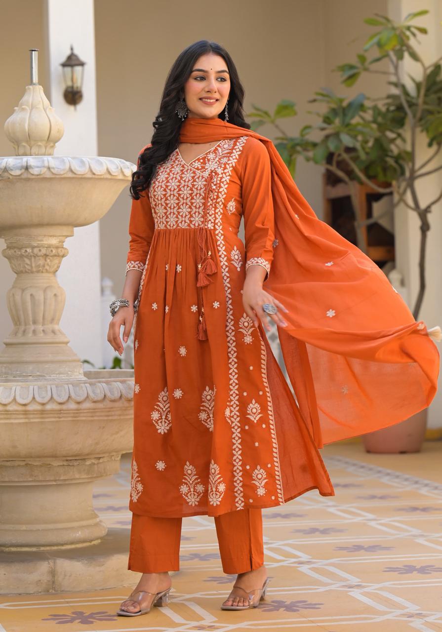 Orange Embroidered Cotton Kurta Set with White Floral Detailing - Naticraft