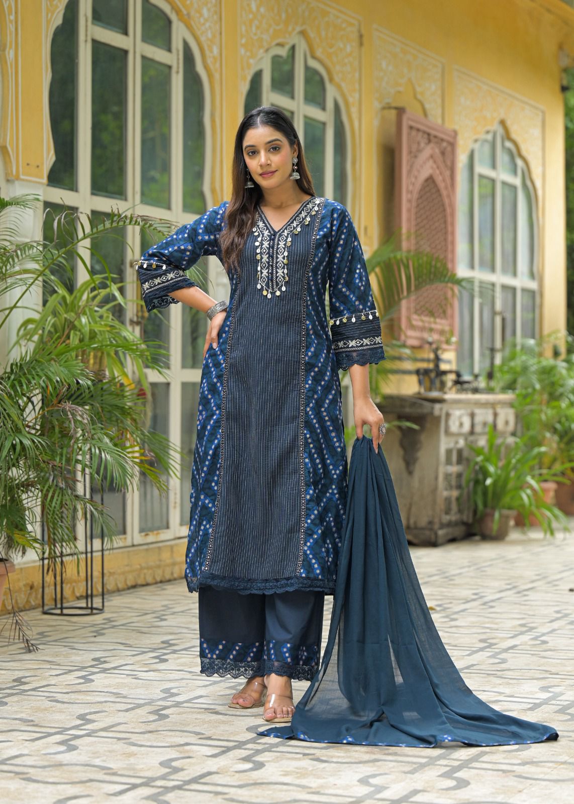 Midnight Indigo Cotton Kurta Set with Intricate Embroidery & Flowing Dupatta - Naticraft