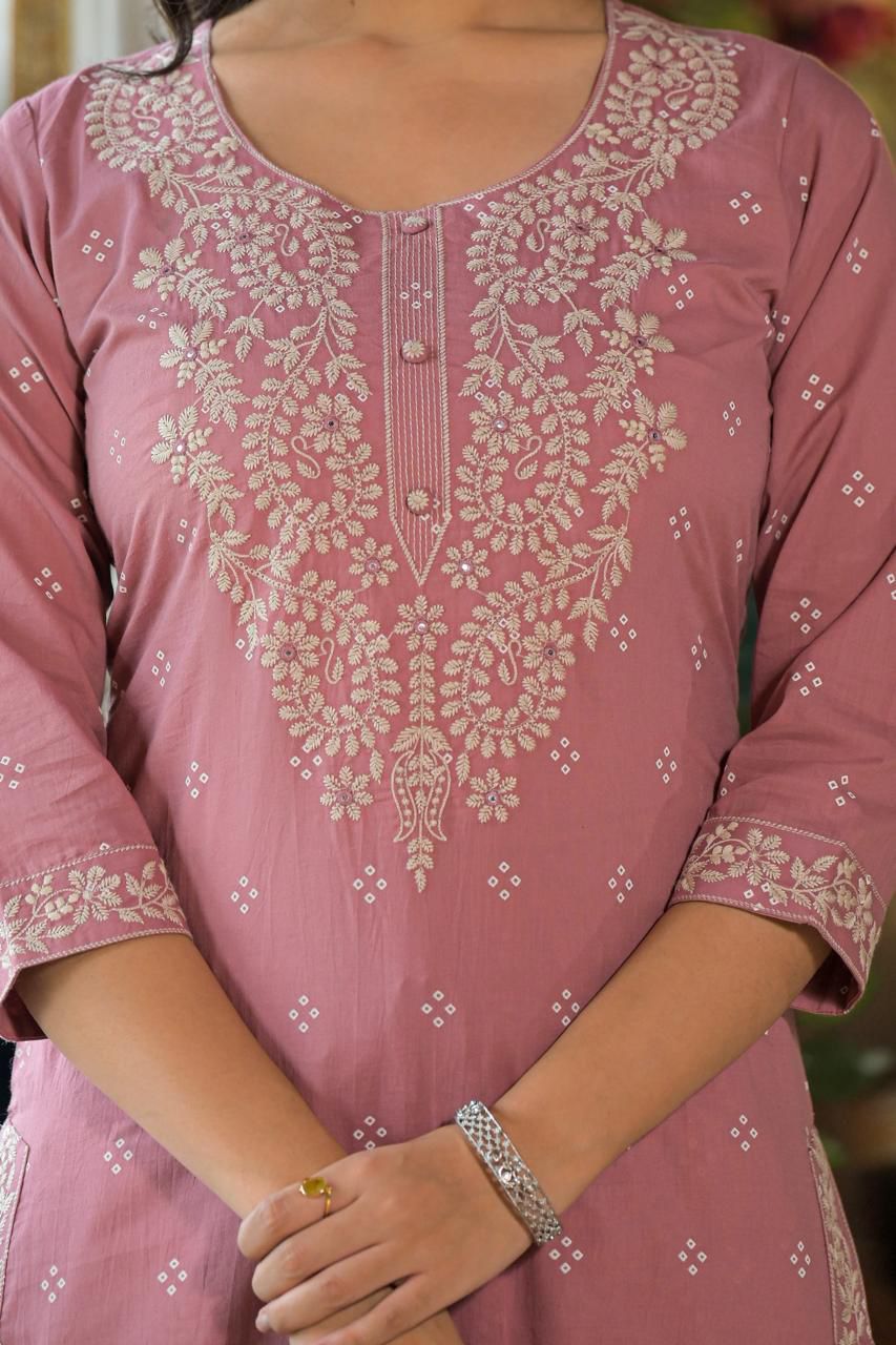 Embroidered Cotton Straight Kurta Set with Dupatta - Naticraft