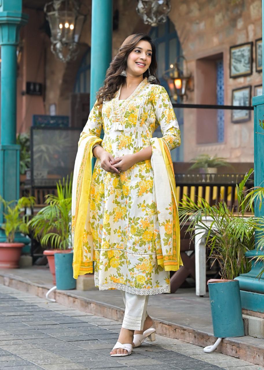 Elegant Yellow Floral Printed Cotton Kurta Set with Dupatta - Naticraft
