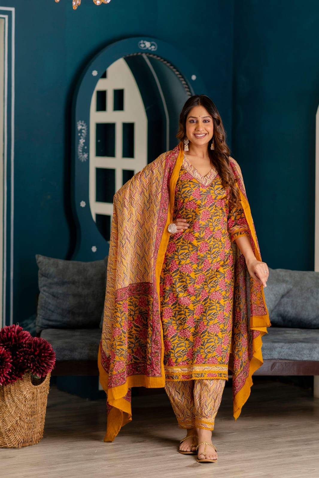Yellow Floral Block Print Kurta Set with Dupatta – 3 Piece Ethnic Ensemble - Naticraft