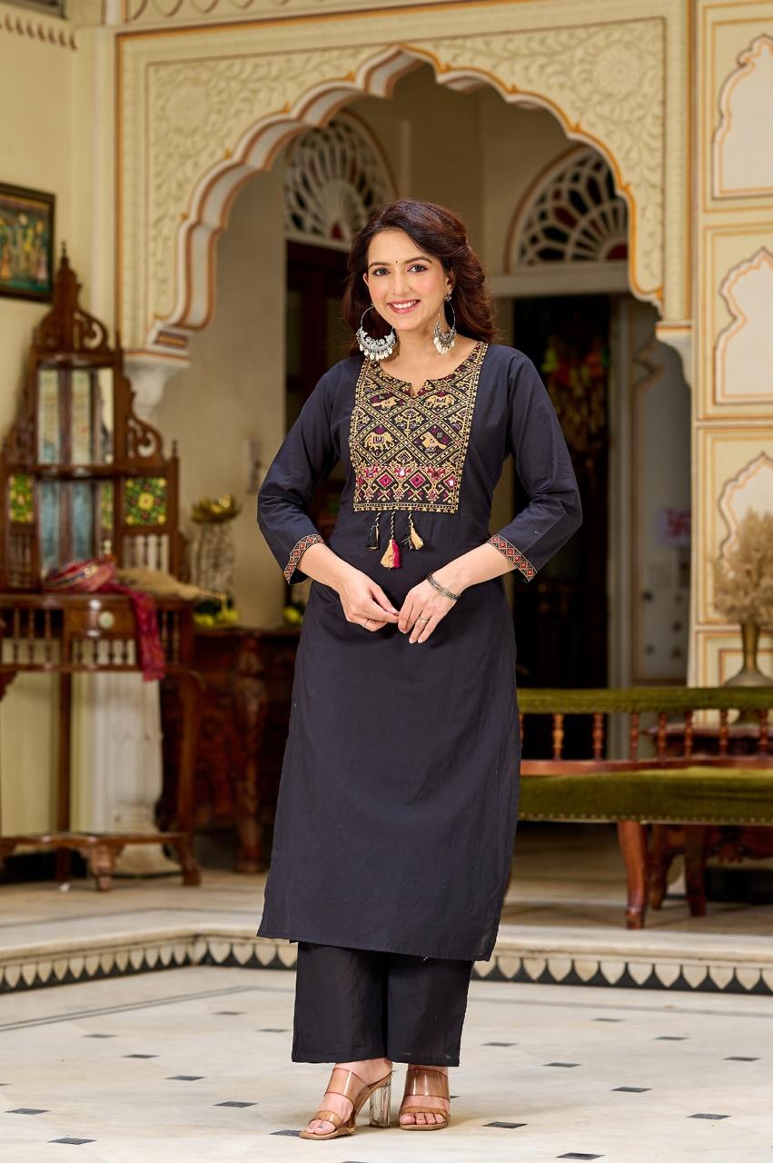 Ajrakh Embroidered Pure-Cotton Kurta Set with Palazzo & Dupatta - Naticraft