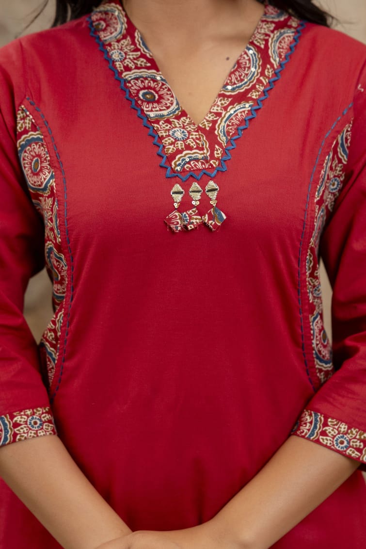 Embroidered Cotton Suit Set with Palazzo & Printed Dupatta - Naticraft