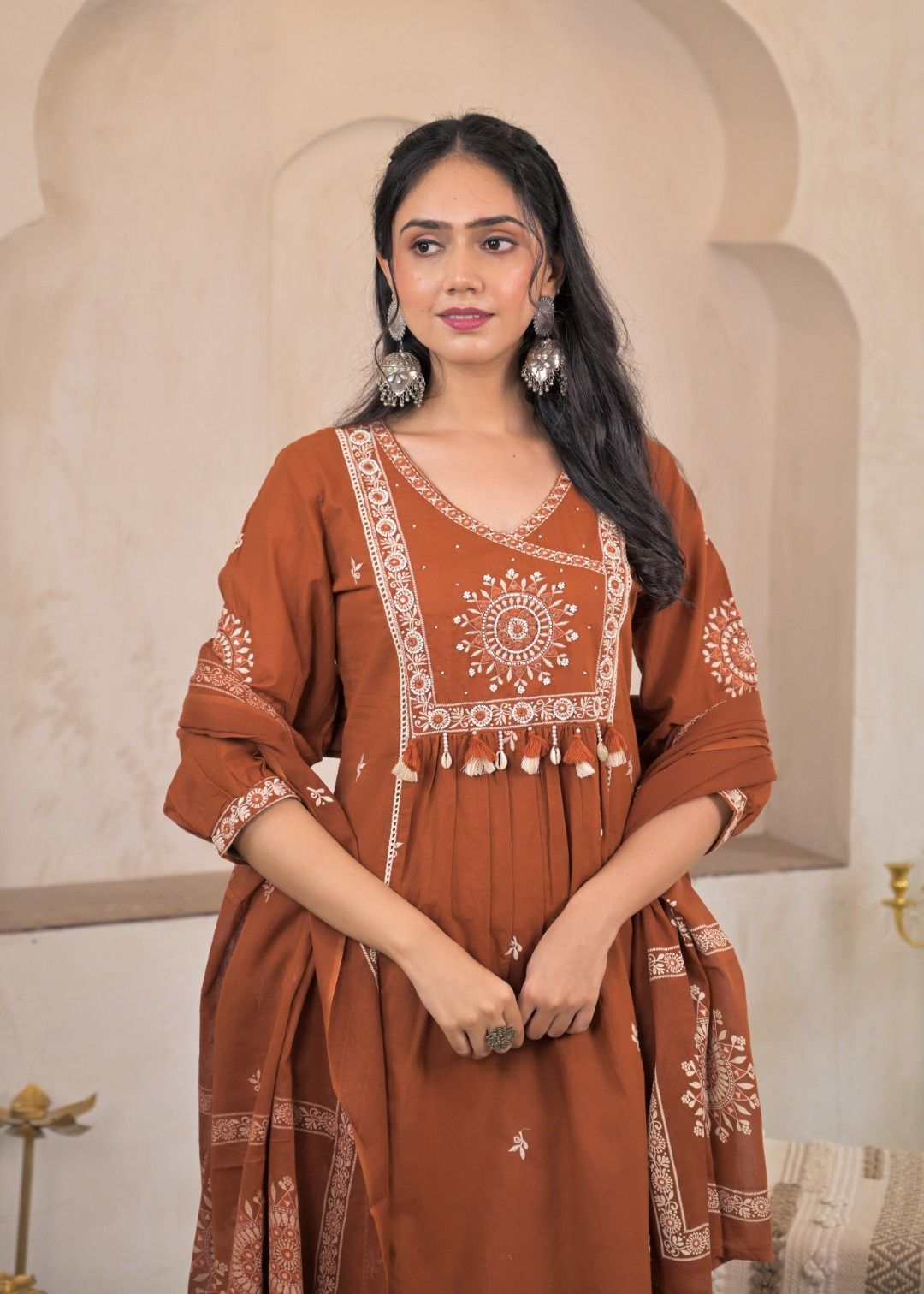 Rust Orange Cotton Embroidered Kurta Set with Dupatta & Tassel Detailing - Naticraft
