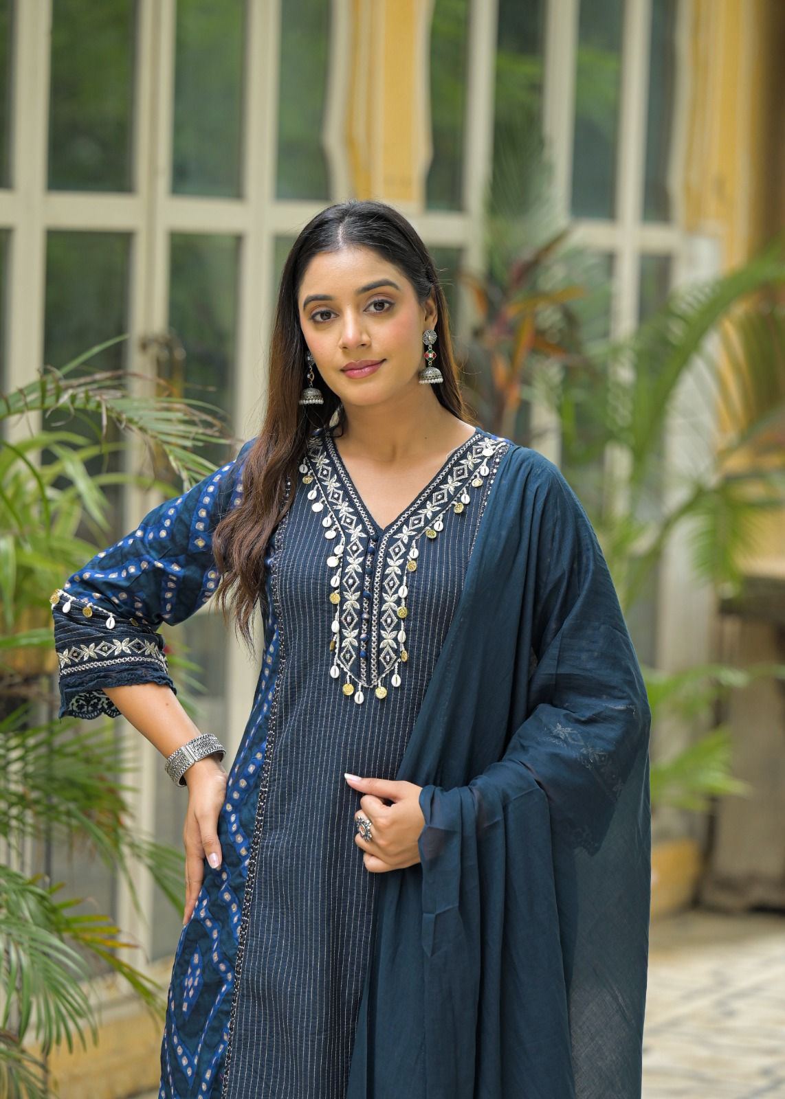 Midnight Indigo Cotton Kurta Set with Intricate Embroidery & Flowing Dupatta - Naticraft