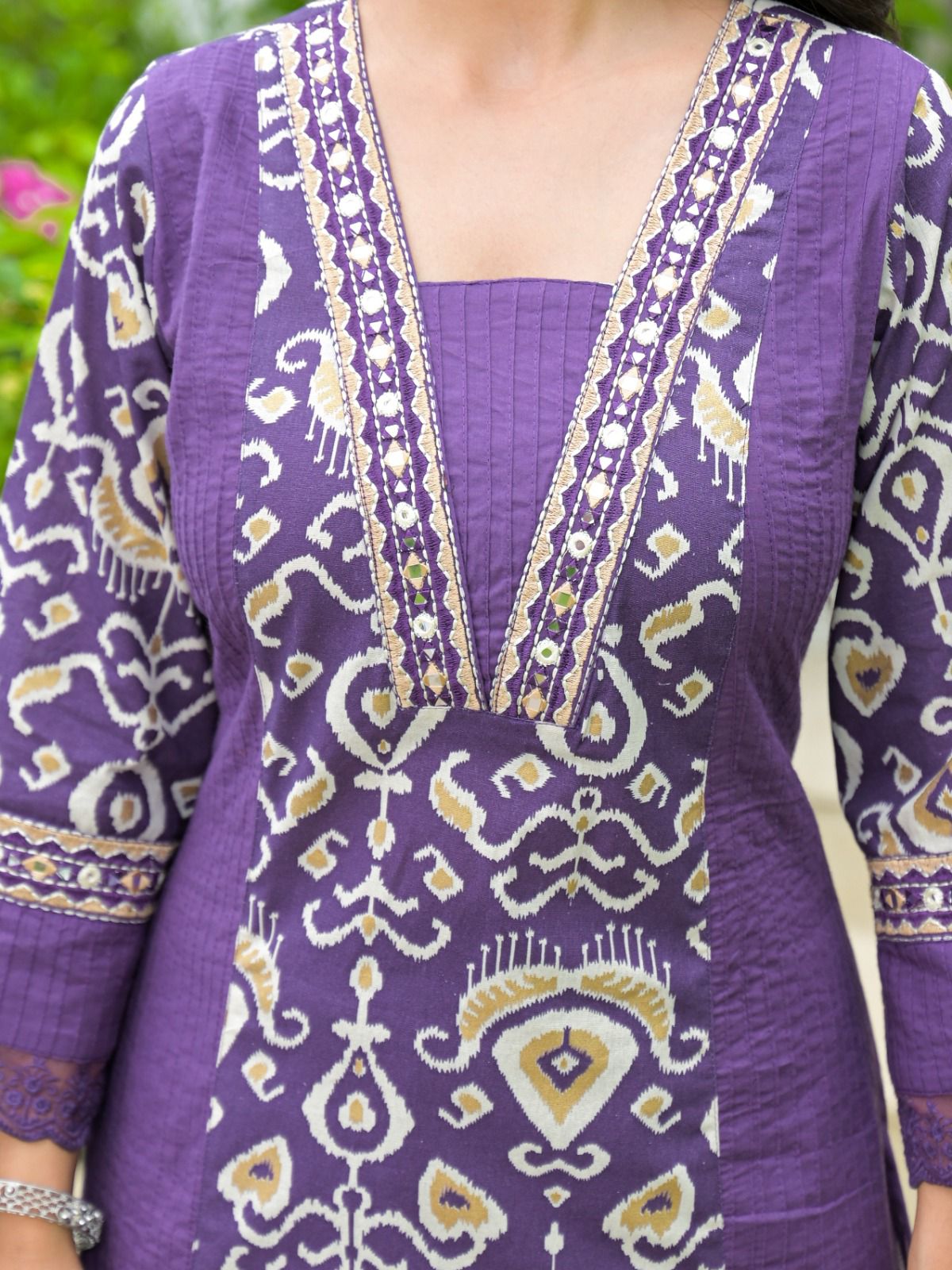 Ikat Elegance Mirror Embroidered Cotton Kurta Set – Teal & Plum - Naticraft