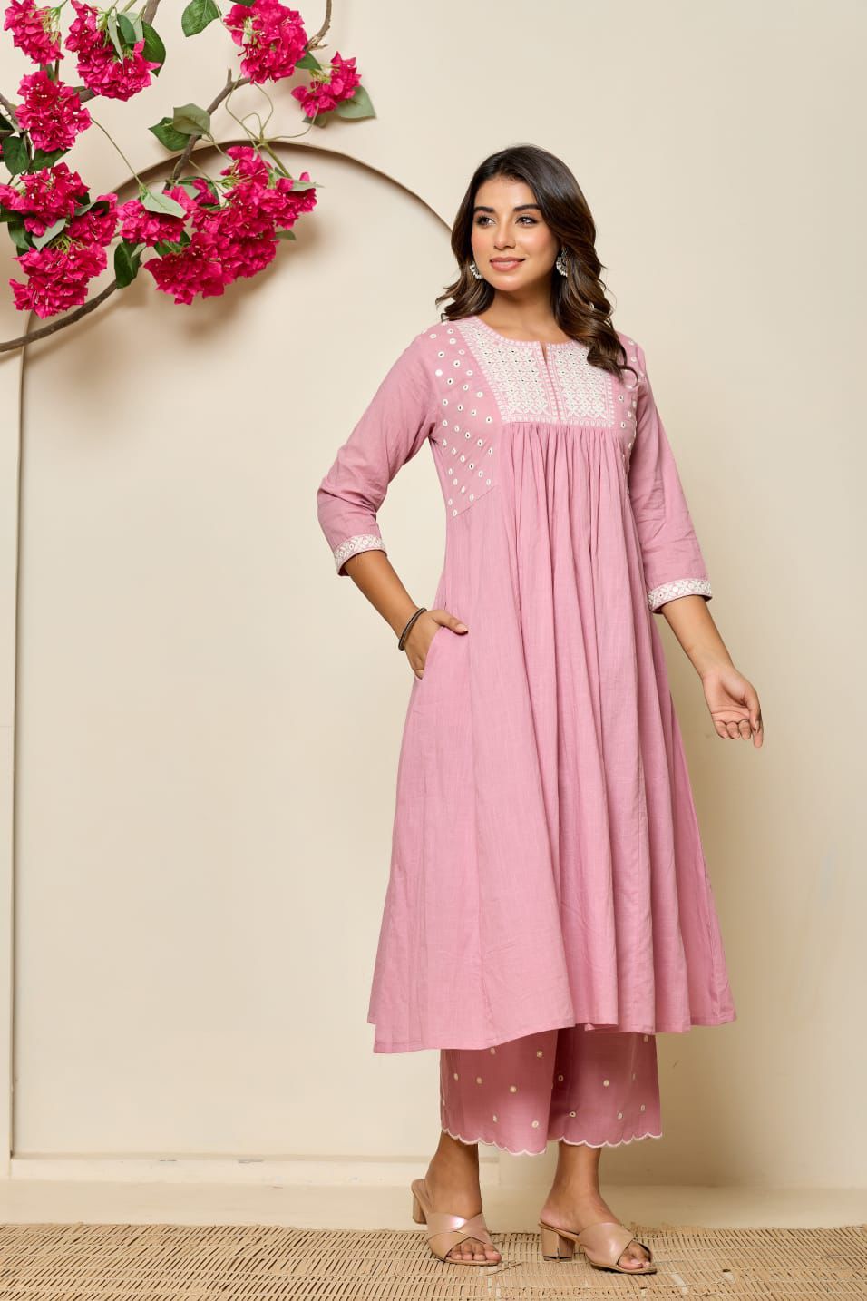 Elegant Hand-Embroidered Cotton A-Line Kurta 2 piece Set with Scalloped Palazzo – Pink and Peach - Naticraft