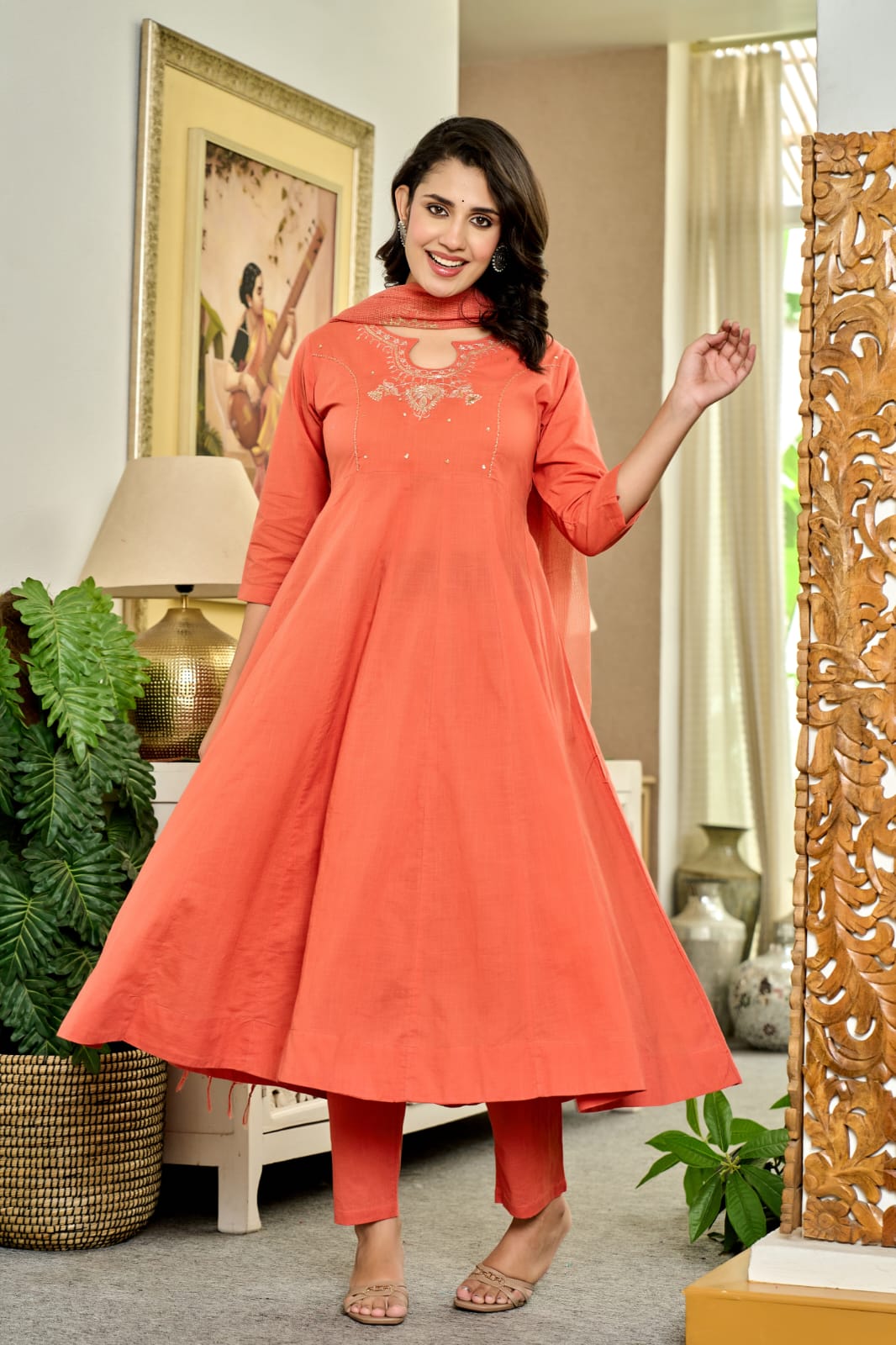 Coral Orange Flared Kurta Set with Hand Zari Work Neckline & Dupatta – 3 Piece Ethnic Set - Naticraft