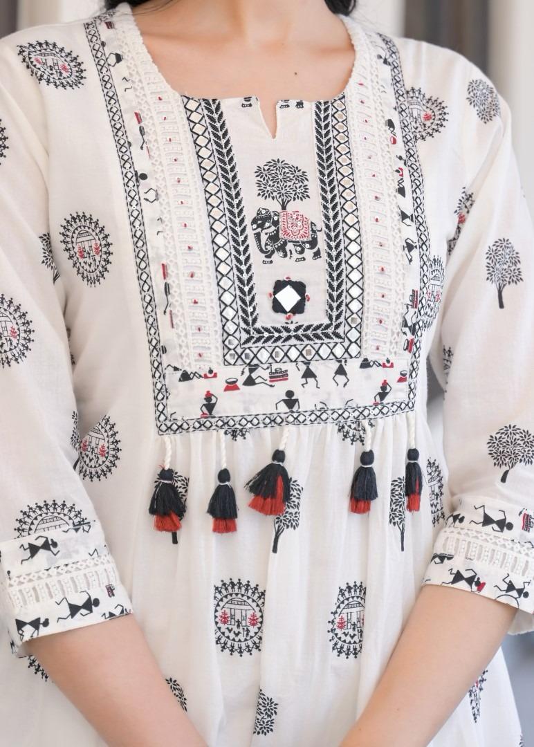 Ethnic White Printed Kurta Set - Kurta, Pants, and Dupatta - Naticraft