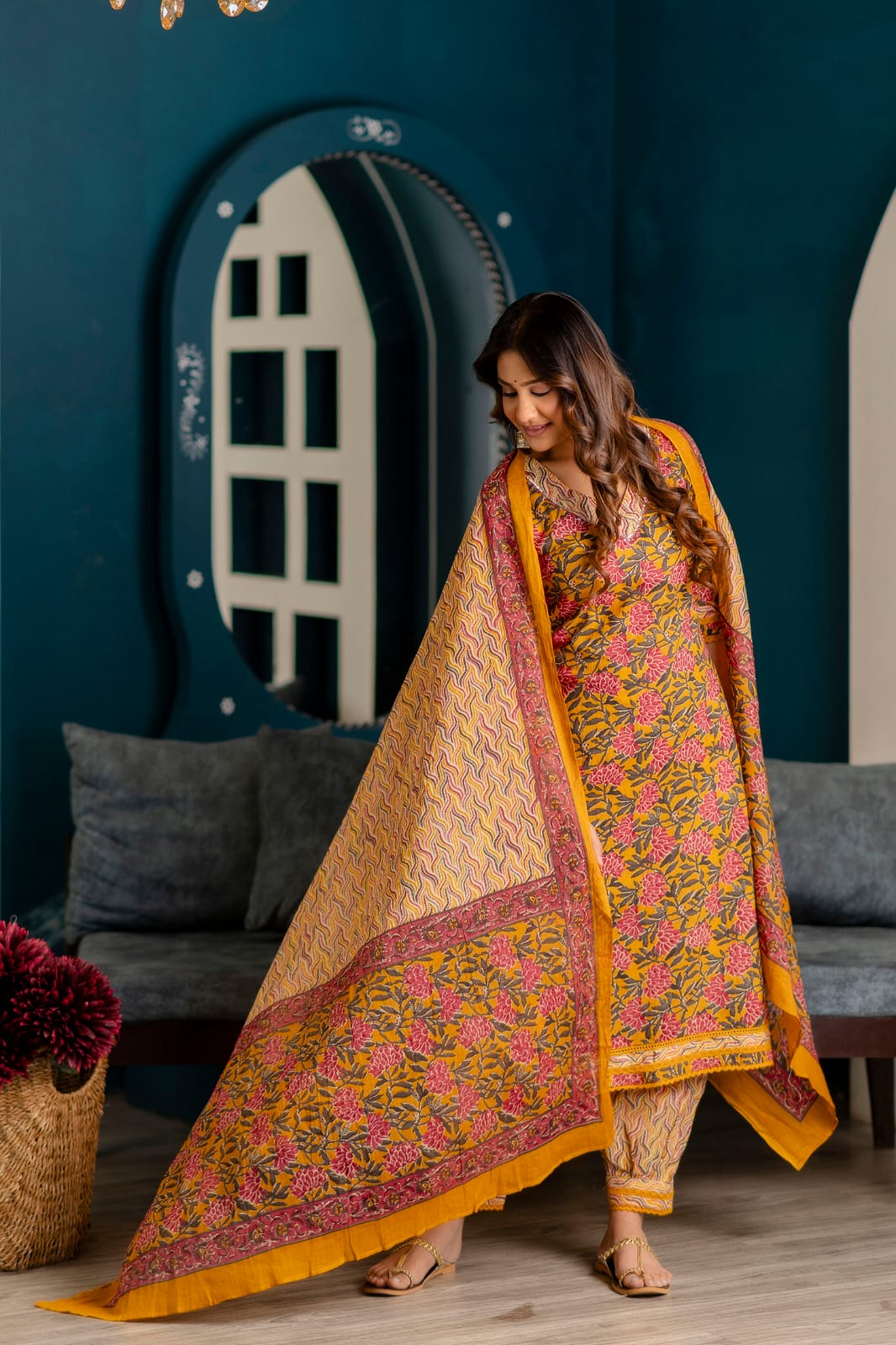 Yellow Floral Block Print Kurta Set with Dupatta – 3 Piece Ethnic Ensemble - Naticraft