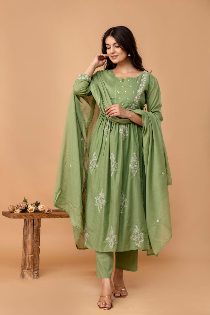 Elysian Embroidered Cotton Kurta Set with Dupatta – Blue, Green & Rust - Naticraft