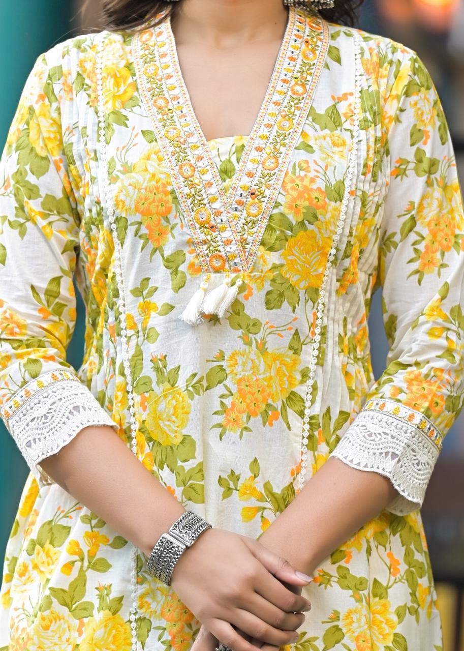 Elegant Yellow Floral Printed Cotton Kurta Set with Dupatta - Naticraft