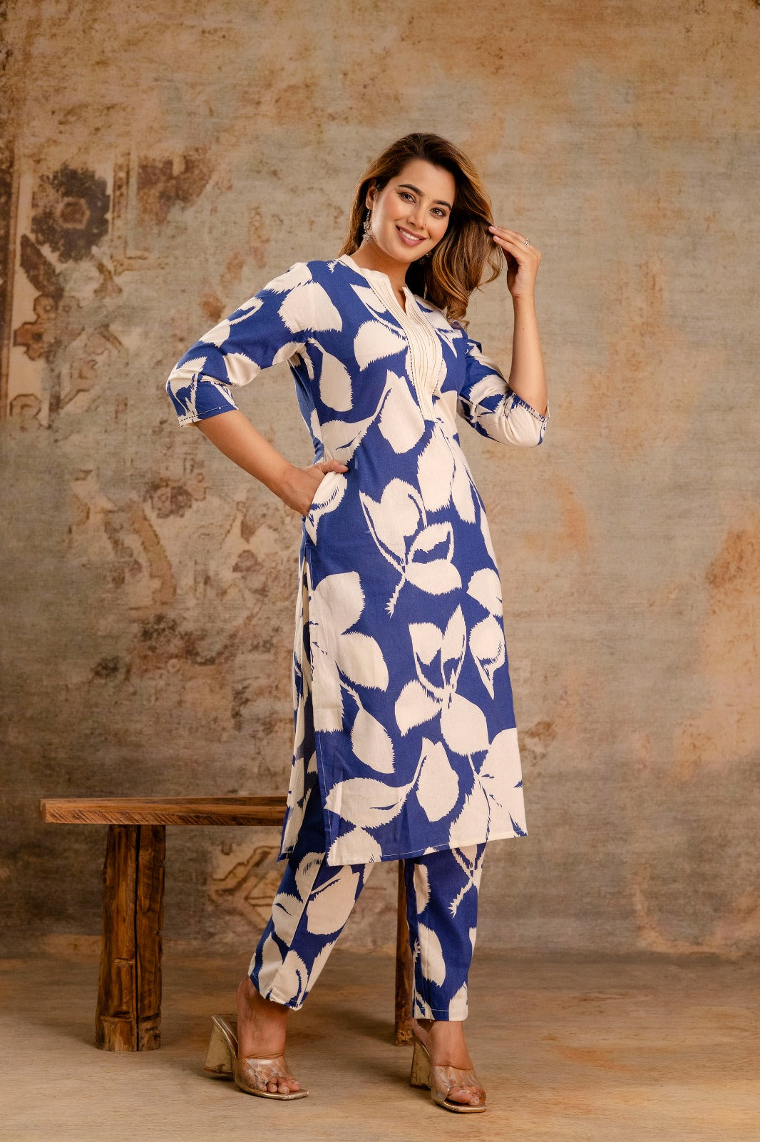 Flex Cotton Printed Co-ord Set – Blue and White Floral - Naticraft