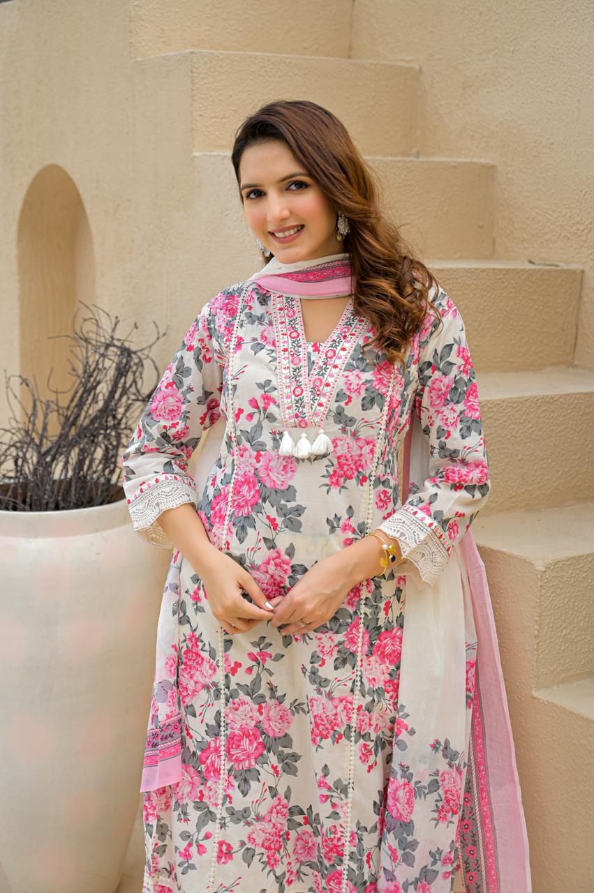 Elegant Pastel Pink Floral Printed Cotton Kurta Set with Dupatta - Naticraft