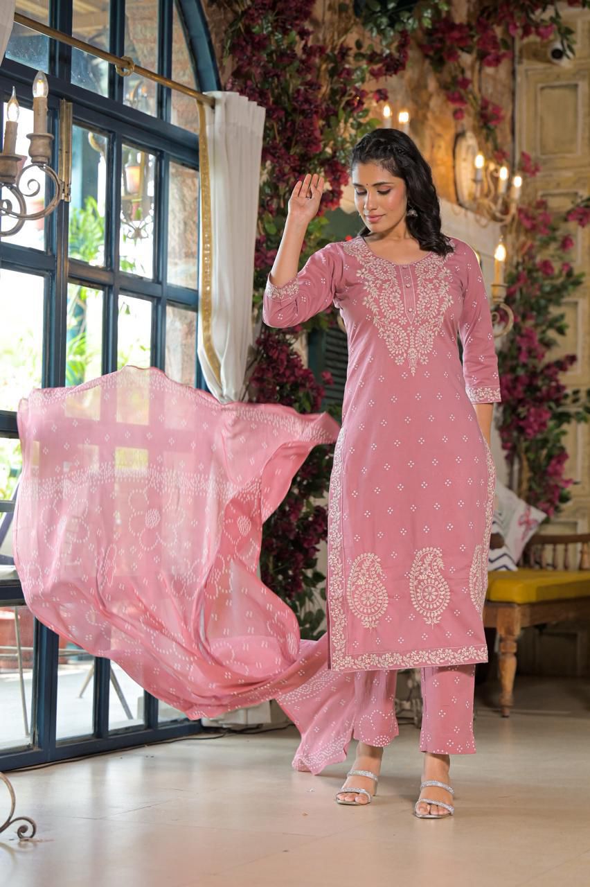Embroidered Cotton Straight Kurta Set with Dupatta - Naticraft