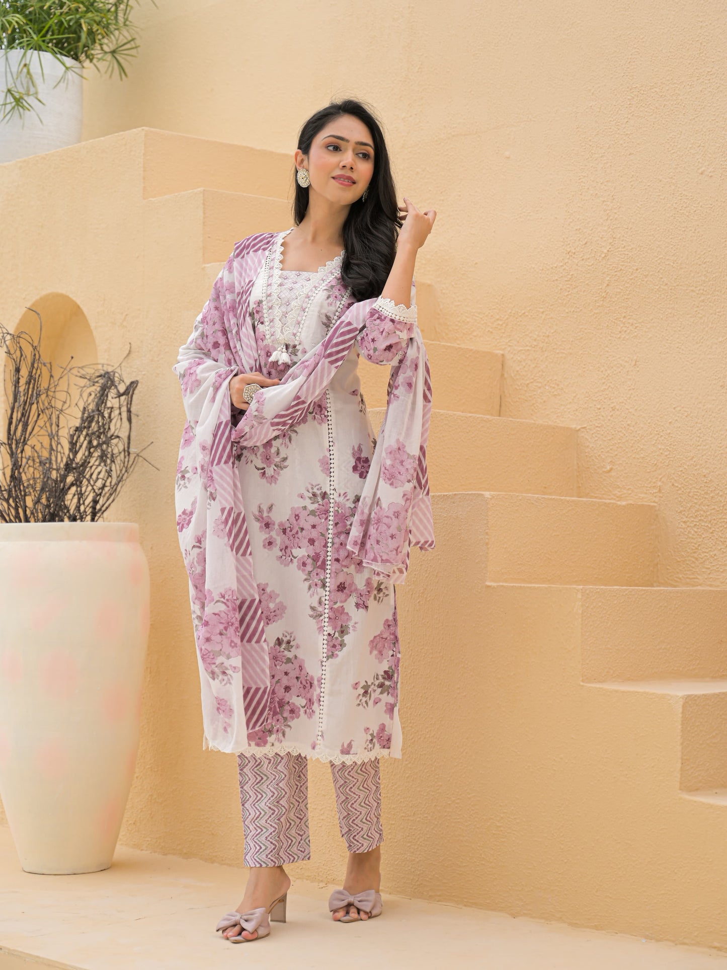 Pastel Pink Floral Printed Cotton Suit Set with Dupatta and Straight Pants - Naticraft