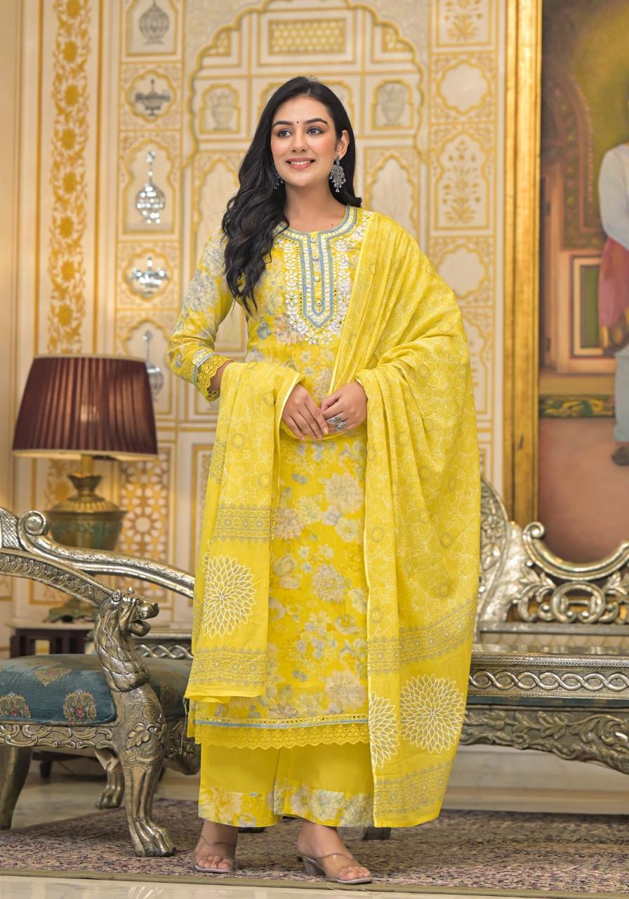 Sunshine Bloom Yellow Floral Embroidered Cotton Kurta Set with Dupatta - Naticraft