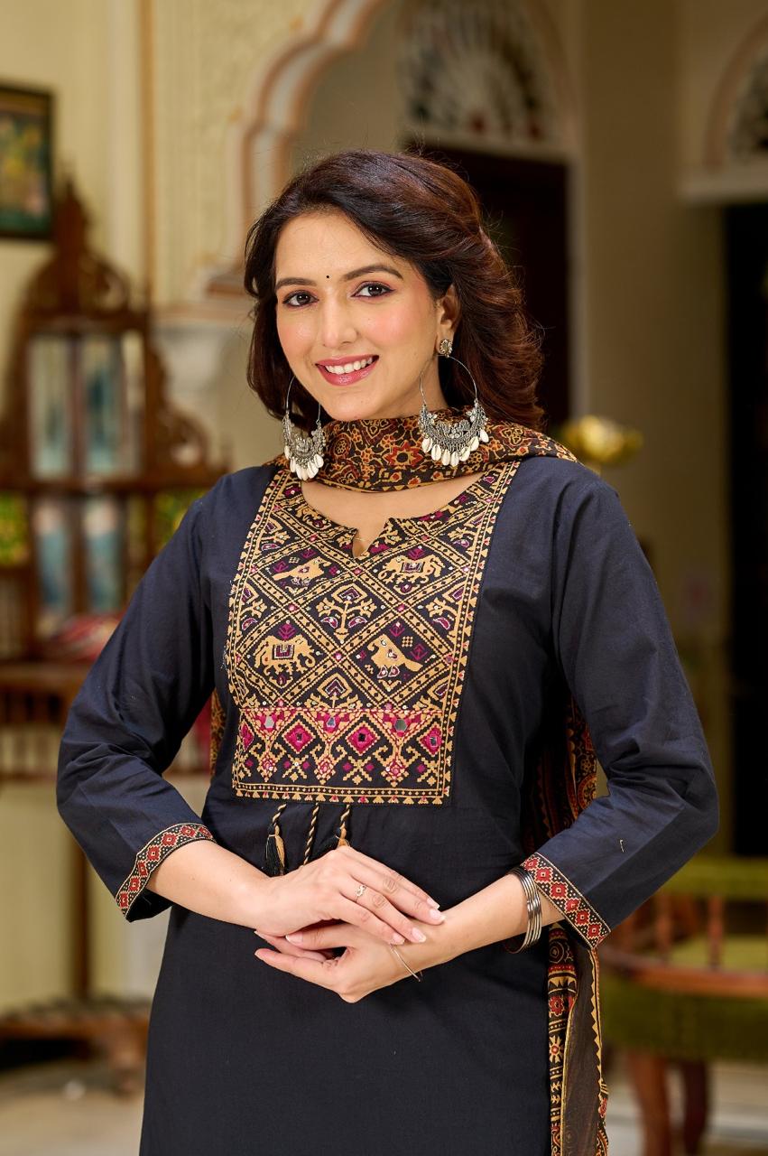 Ajrakh Embroidered Pure-Cotton Kurta Set with Palazzo & Dupatta - Naticraft