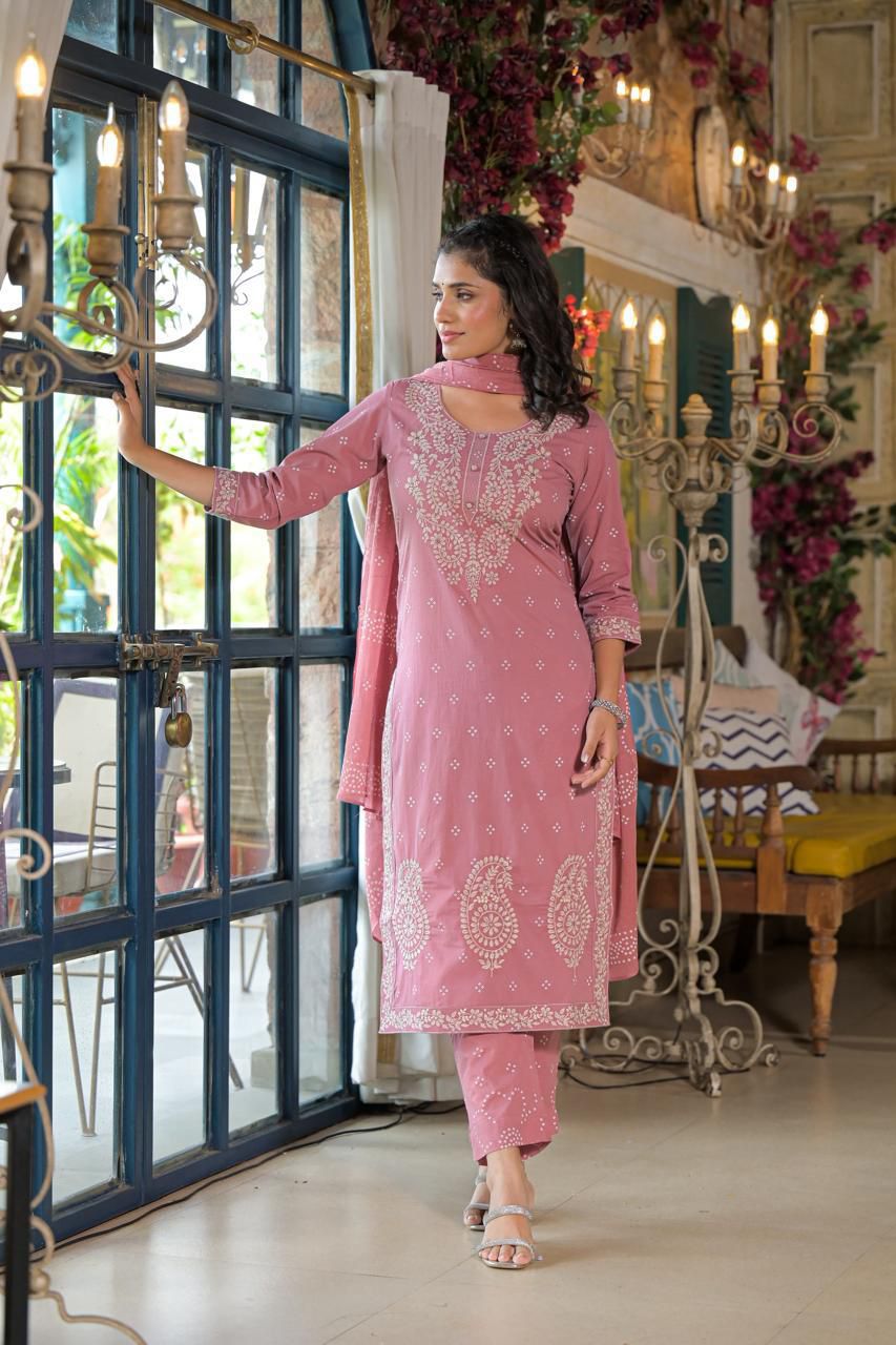 Embroidered Cotton Straight Kurta Set with Dupatta - Naticraft