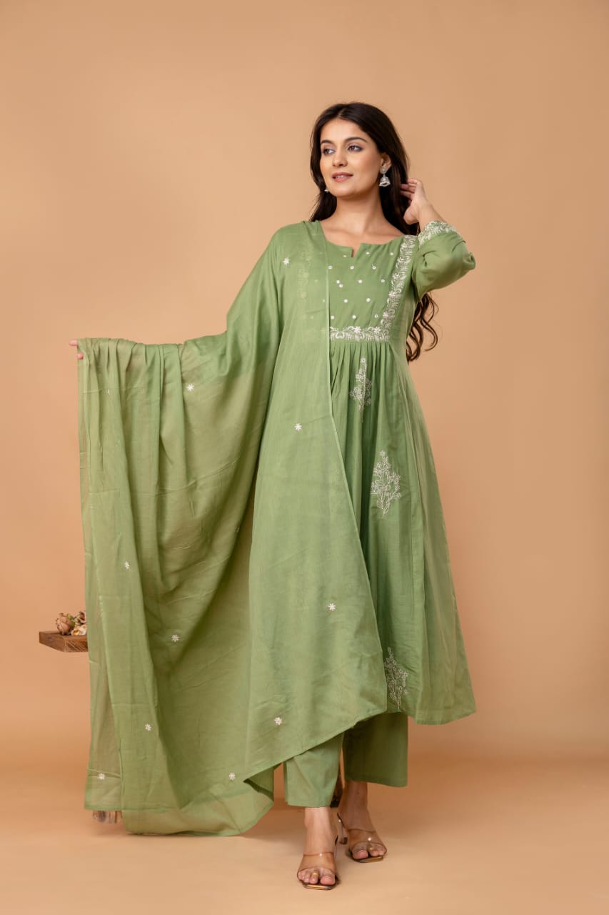 Elysian Embroidered Cotton Kurta Set with Dupatta – Blue, Green & Rust - Naticraft