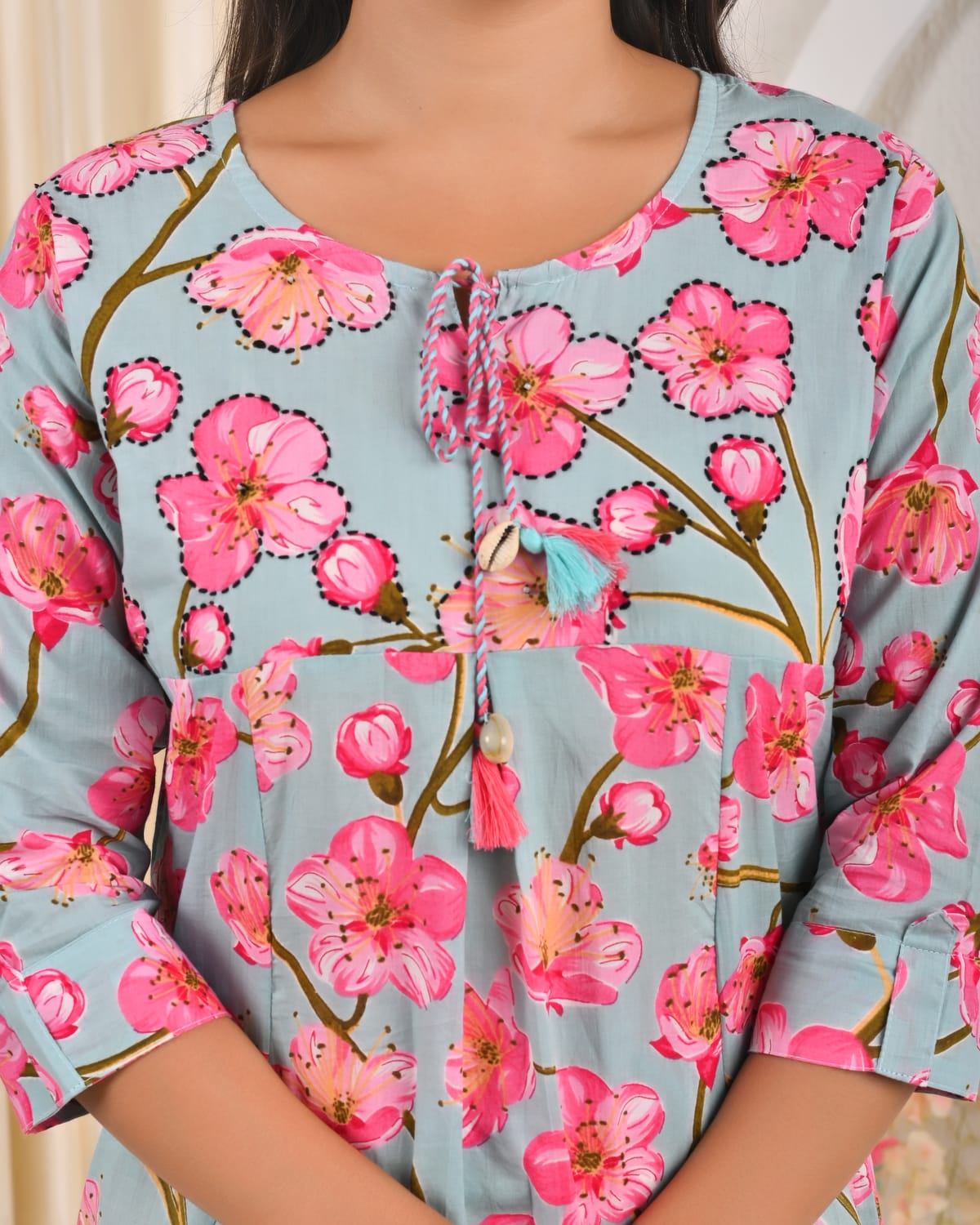 Floral Fusion Co-ord Set for Women – Tassel Tie-Up Top & Embroidered Pants - Naticraft