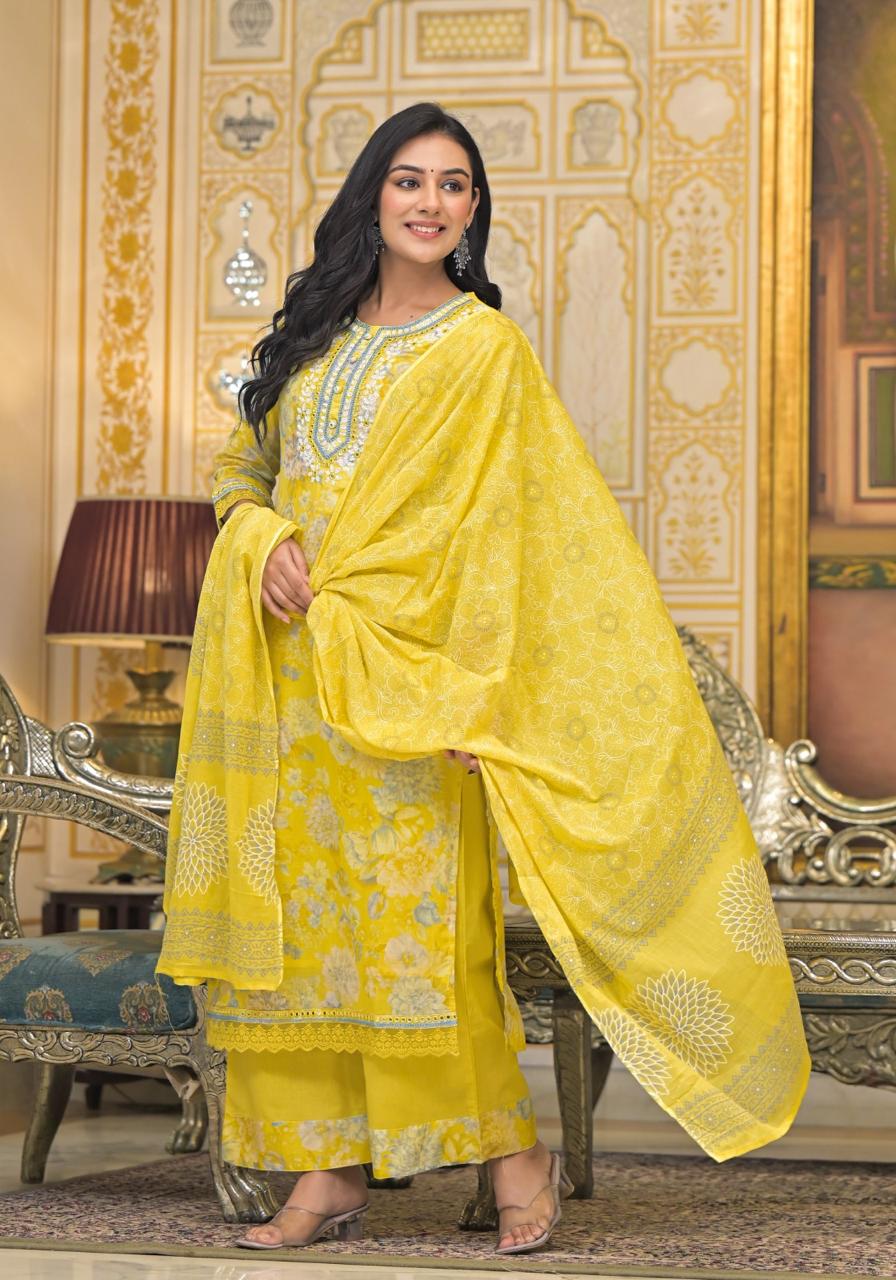 Sunshine Bloom Yellow Floral Embroidered Cotton Kurta Set with Dupatta - Naticraft